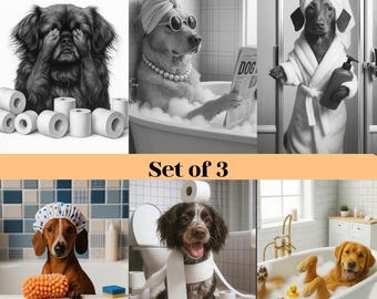 May include: A set of three black and white images featuring dogs in bathroom settings. One dog covers its eyes, another relaxes in a bubble bath, and a third is in a bathrobe. The phrase "Set of 3" is displayed in a banner.