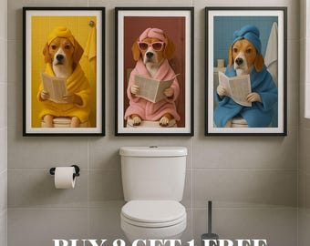 May include: Three framed prints of a beagle dog in a bathroom setting. Each dog is wearing a robe and head covering, reading a newspaper while seated on a toilet. The prints are in yellow, pink, and blue color schemes. The text "BUY 2 GET 1 FREE" is at the bottom.
