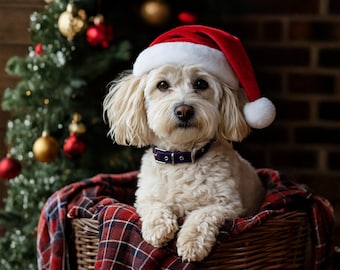 May include: A fluffy, cream-colored dog wearing a red and white Santa hat and a purple collar, sitting in a wicker basket lined with a red and black plaid blanket. A Christmas tree with ornaments is in the background.