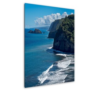 Stampa artistica della spiaggia di sabbia nera di Pololu Valley, scena naturale, decorazione tropicale, arte murale del soggiorno, vista sull'oceano, paesaggio hawaiano, stampa su metallo, costiera