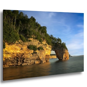 Pictured Rocks Wall Art of Lovers Leap, Lake Superior Nature Photography, Metal Print of Cliffs and Arch, Michigan Coastal Landscape Decor