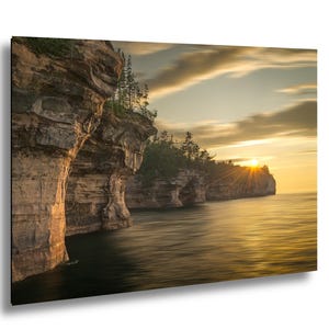 Pictured Rocks Wall Art of Battleship Row, Lake Superior Sunset Scene, Nature Photography Scenic Landscape Canvas Wall Decor