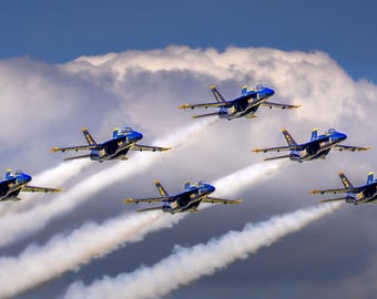F18 Blue Angels Delta Formation Pass Print, Military Jet Photography, Navy Wall Decor