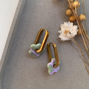 green pink flower earrings