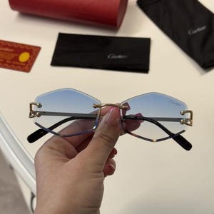 Vintage Cartier Blue Gold Rimless Sunglasses Diamond