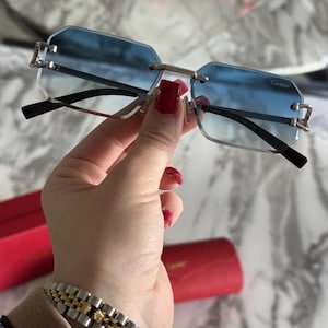 Vintage Cartier Blue Silver Rimless Sunglasses