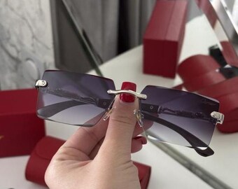 Vintage Cartier Gray Purple Gold Rimless Sunglasses