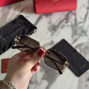 Vintage Cartier Brown Gold Rimless Sunglasses