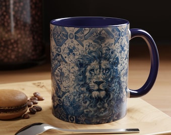 Lion Coffee Mug: Elegant Blue and White Animal Design, Home Decor Gift