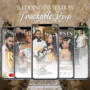 Op de afbeelding: Een reeks smartphones met een huwelijksuitnodiging met de tekst "WEDDING INVITATION Trackable Rsvp." De uitnodiging bevat foto's van het paar, evenementdetails en RSVP-informatie. Het ontwerp heeft elegante lettertypen en een bloemenachtergrond.