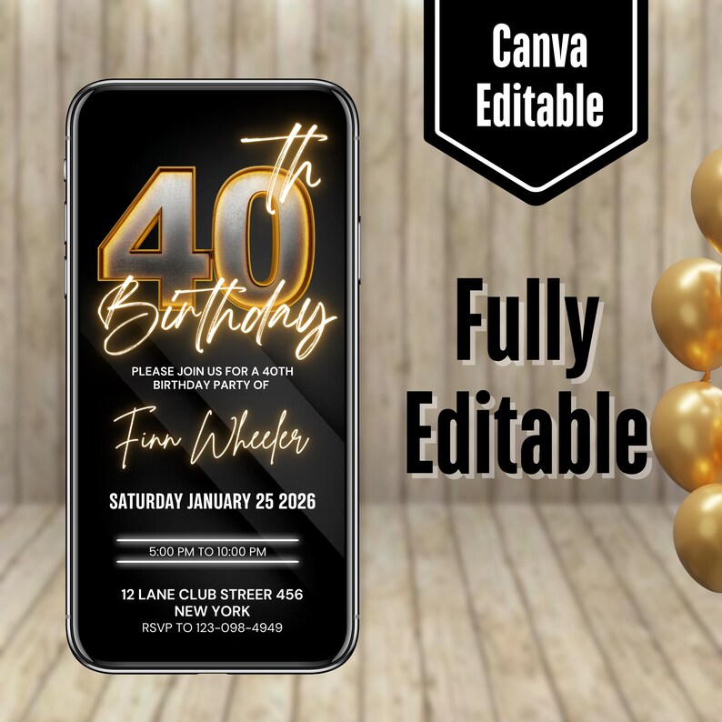 Digital 40th Birthday Invitation for Men, 40 Invite Ecard, Virtual ...