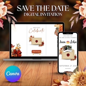 May include: Digital wedding invitation design displayed on a laptop and smartphone. The invitation features floral accents, an envelope graphic, and the text "Save the Date." The smartphone screen shows the names "Anna & John" and the date "September 27 2025."
