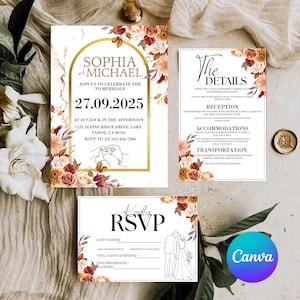May include: Wedding invitation suite featuring a marble background with floral accents in shades of peach, burgundy, and cream. The main invitation includes the names "Sophia and Michael" and the date "27.09.2025". Additional cards include details and RSVP information.