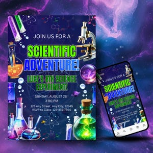 May include: A digital invitation for a science-themed party. The design features a microscope, beakers, and the text "Scientific Adventure!" and "Luke's 8th Science Experiment!" on a purple and blue background. A smartphone displays the same invitation.