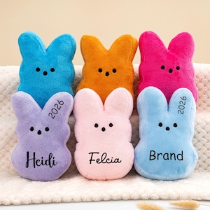 May include: Six colorful plush bunny toys in blue, orange, and pink, with black dot eyes. Three bunnies have names and the year 2026 printed on them. The toys are arranged on a soft, white surface.