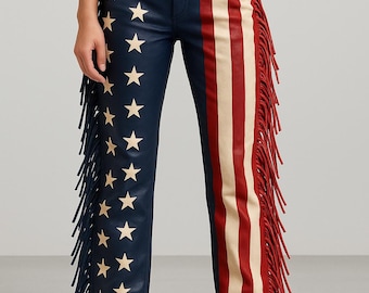 American Flag Leather Fringe Pants: Handmade Western Rodeo Biker Trousers