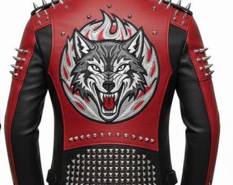 Chaqueta motera de cuero con tachuelas rojas y negras / Abrigo motero con parche de lobo / Estilo punk rock con pinchos