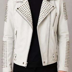 White Studded Leather Biker Jacket – Heavy Metal Punk Rock Style, Handmade Spiked Moto Jacket for Men