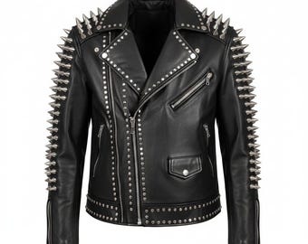 Black Spiked Studded Leather Biker Jacket: Punk Gothic Moto Coat