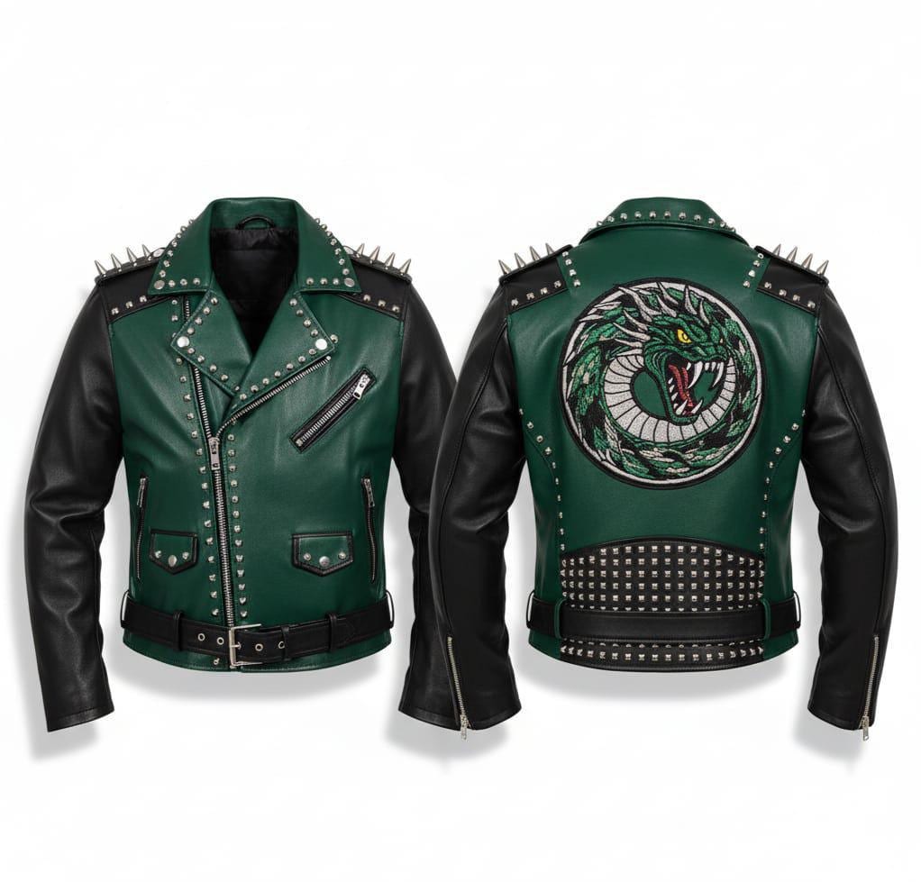 Green Black Studded Leather Biker | Wolf Patch Moto Coat | Spiked