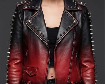 Chaqueta de piel degradada hecha a mano con tachuelas - Diseño unisex de piel de vaca