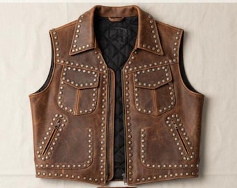 Chaleco de cuero marrón hecho a mano con tachuelas, estilo punk motero rock, para hombres y mujeres.