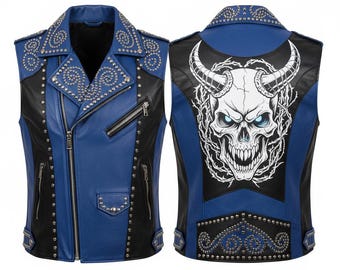 Chaleco de cuero azul con tachuelas estilo motero: estampado de calavera con cuernos, chaqueta de moto punk.