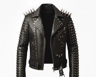 Men SPIKED Studded BLACK Leather Jacket Brando Full Steampunk