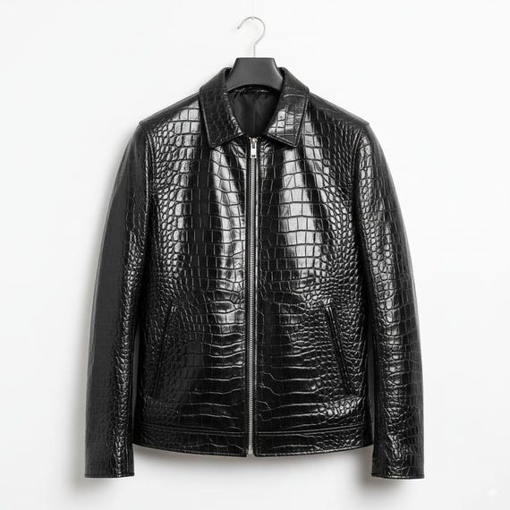 Buy Handmade Black Crocodile Embossed Leather Jacket: Minimalist