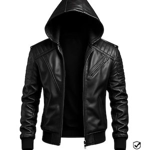 Men’s Black Hooded Biker Leather Jacket – Slim Fit Moto Streetwear Hoodie – Handmade Motorcycle Outerwear by Jackstiko