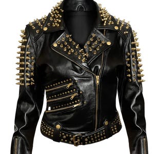 Women&#39;s Studded Biker Jacket – Punk Rock Black Leather Coat – Handmade Spiked Moto Style