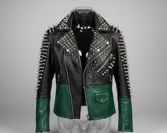 Black Green Studded Leather Biker Jacket – Punk Spiked Moto Coat