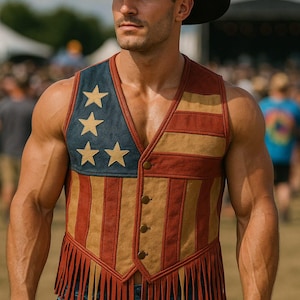 Handmade USA Flag Leather Fringe Vest: Western Cowboy Biker Style