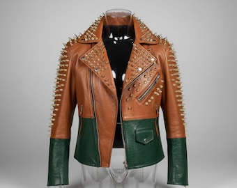 Handmade Brown Green Studded Leather Biker Jacket | Punk Gothic Moto Coat
