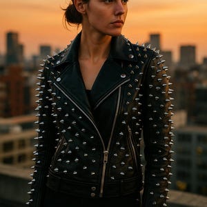 Black Studded Leather Moto Jacket | Silver Spike Biker Jacket | Edgy Punk Rock Outerwear | Jakstiko Women’s Street Style
