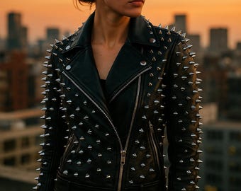 Könnte beinhalten: Schwarze Lederjacke mit silbernen Stacheln, ein klassischer Biker-Stil. Die Jacke hat einen Reißverschluss und einen Reverskragen. Das Bild enthält den Text "jakstiko". Der Hintergrund zeigt eine Stadtlandschaft bei Sonnenuntergang.