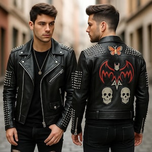 Men&#39;s Gothic Studded Faux Leather Biker Jacket: Skull Patch Punk Moto Coat