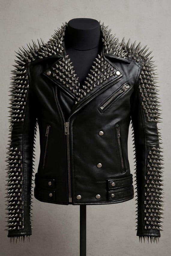 Spiked Black Leather Biker Jacket: Handmade Punk Rock Moto Coat - Etsy