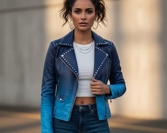 Chaqueta de cuero con efecto degradado y tachuelas - Chaqueta de moto unisex de piel de vacuno