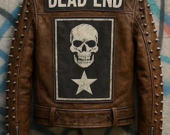 Distressed Brown Leather Punk Jacket: Spikes, Patches, Gothic