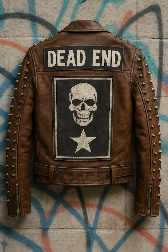 Distressed Brown Leather Punk Jacket: Spikes, Patches, Gothic