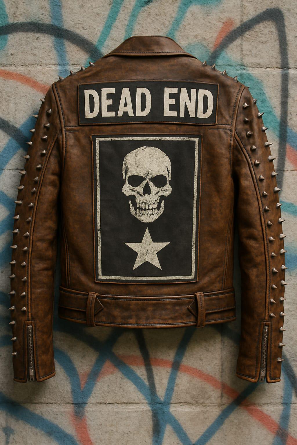 Distressed Brown Leather Punk Jacket: Spikes, Patches, Gothic