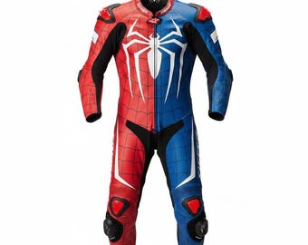 Traje de motociclista Red Blue Spider: chaqueta y pantalones de carreras personalizados