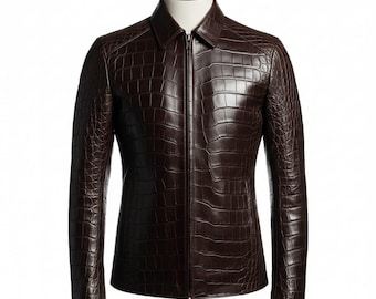 Chaqueta de motociclista de cuero marrón con relieve de cocodrilo: Ropa urbana motera hecha a mano