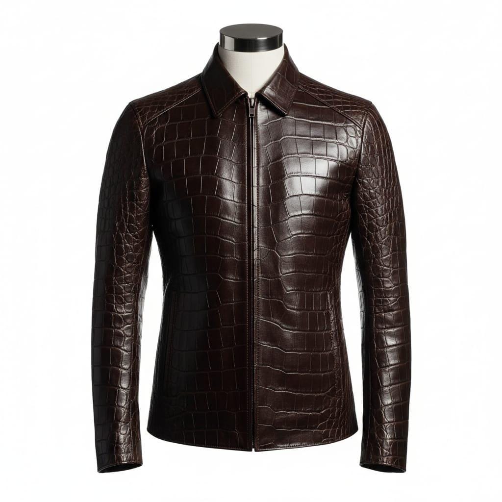 Brown Crocodile Embossed Leather Biker Jacket: Handmade Moto