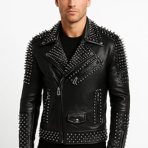 Handgefertigte Bikerjacke aus schwarzem Leder mit Nieten: Punk Rock Moto Coat