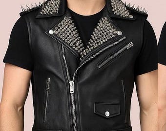 Studded Black Leather Vest: Punk Biker Rocker Cowhide Stagewear