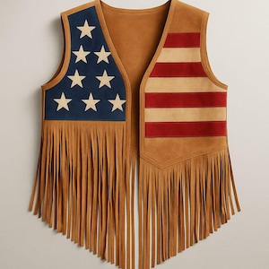 USA Flag Fringe Leather Vest: Handmade Patriotic Cowhide Suede