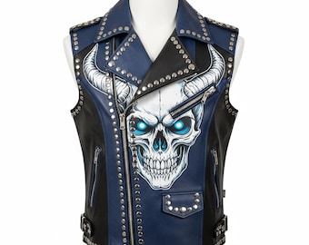 Chaleco de cuero de vaca azul con tachuelas hecho a mano / Chaqueta motera estilo punk con calavera