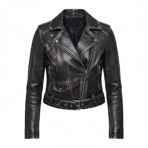 May include: A distressed black leather jacket with a classic biker style. Features include an asymmetrical zipper, multiple pockets, a notched collar, and a belt at the waist. The jacket has a vintage, worn look.